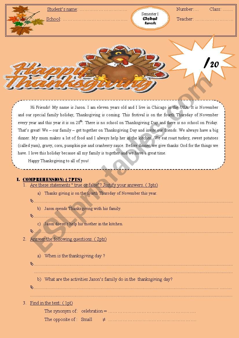 Thanksgiving is coming worksheet