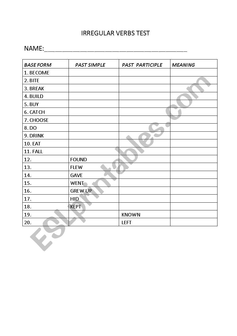 irregular verbs worksheet