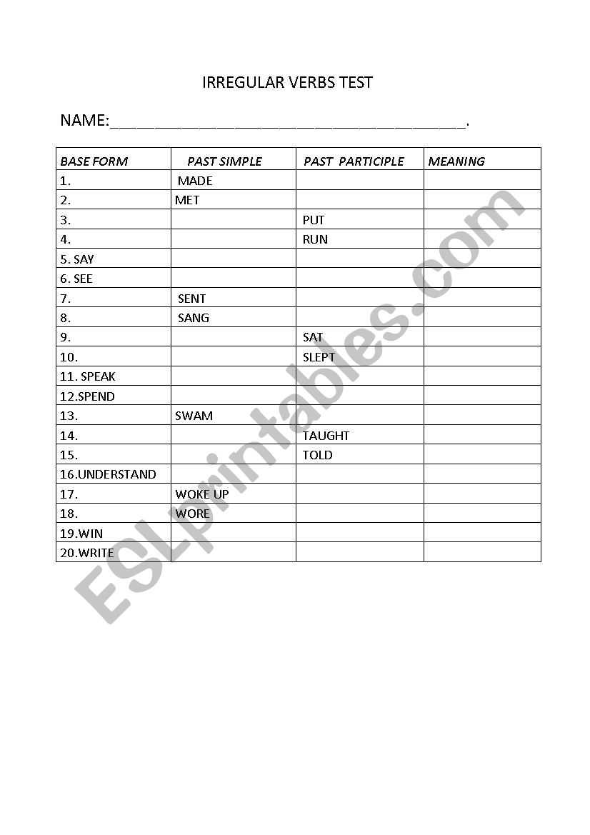 irregular verbs 2 worksheet