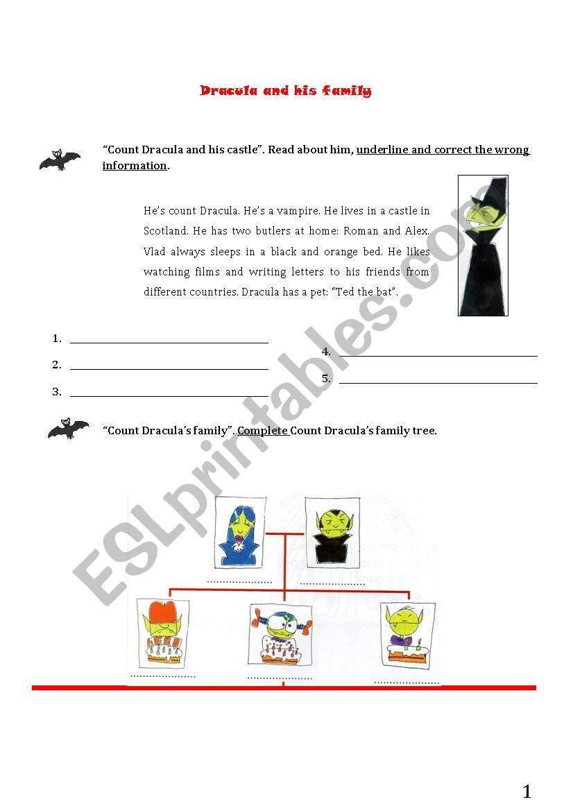 Dracula & his family worksheet