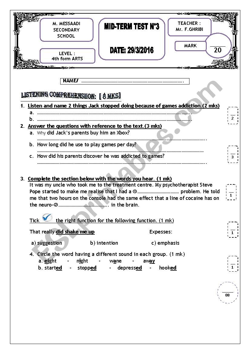 mid-term test 3 bac test worksheet
