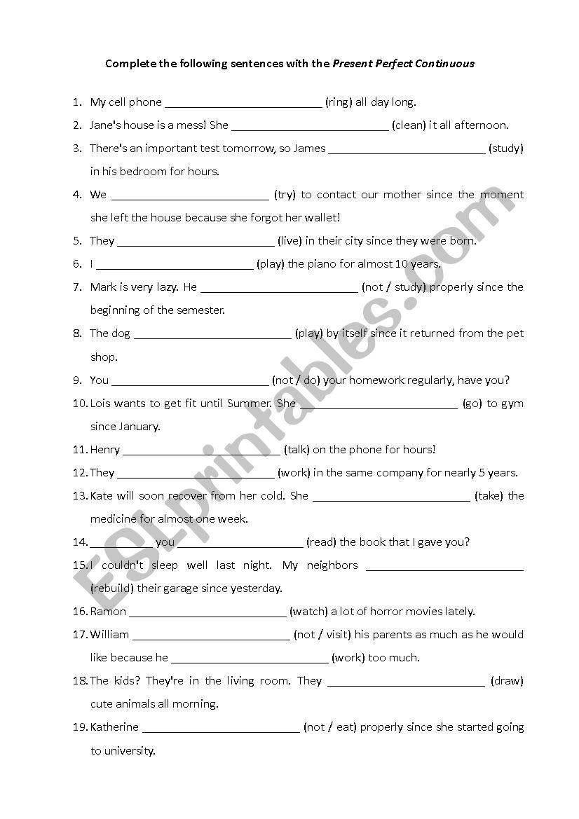 Present Perfect Continuous worksheet