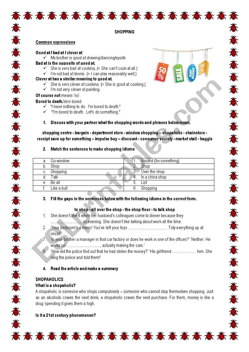 Shopping vocabulary worksheet