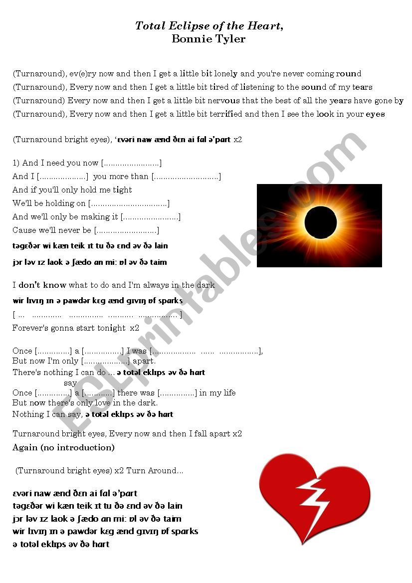 Total Eclipse of the Heart worksheet