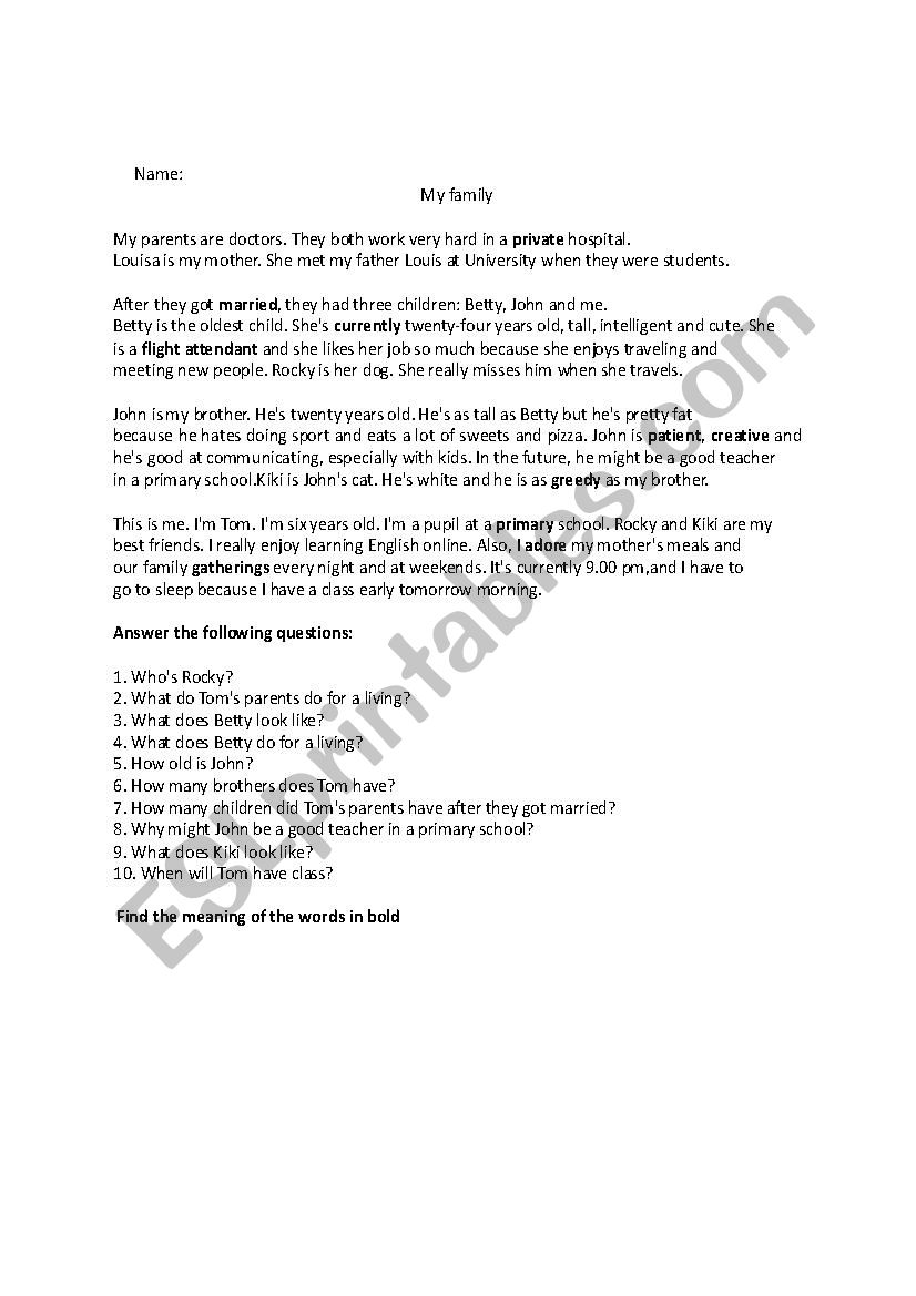 my family worksheet