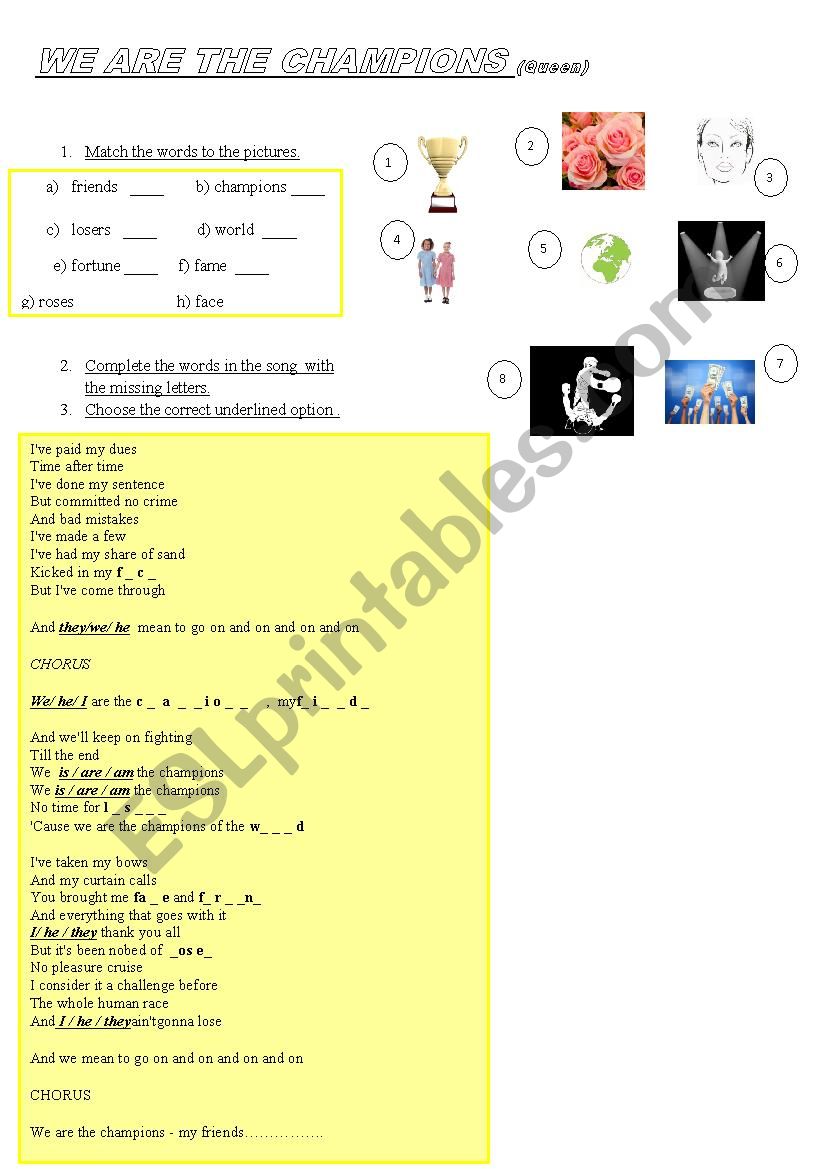 We are the champions song worksheet