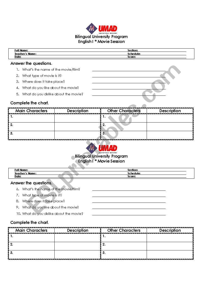 Movie Practice Sheet worksheet