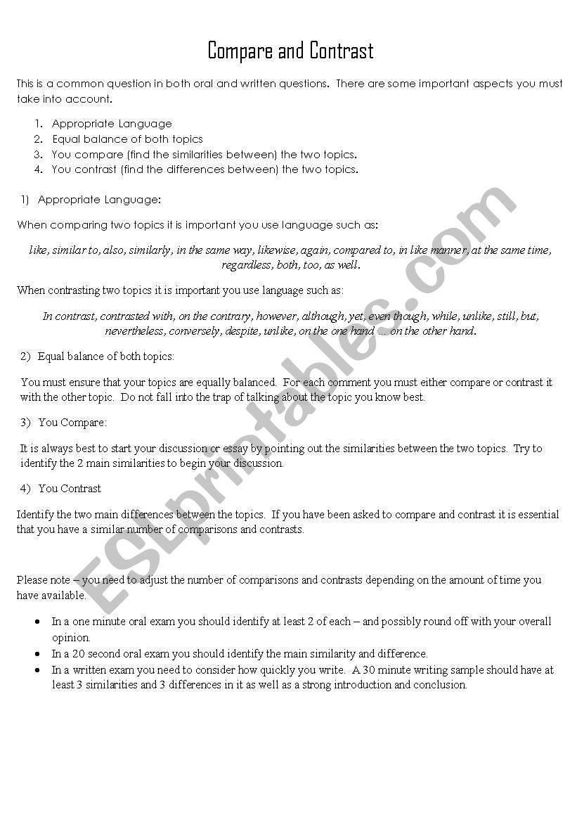 Compare and Contrast for Essays and Oral Tests