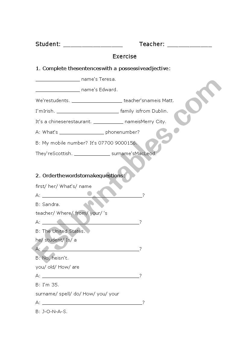 Possessive Adjectives exercise (with key)