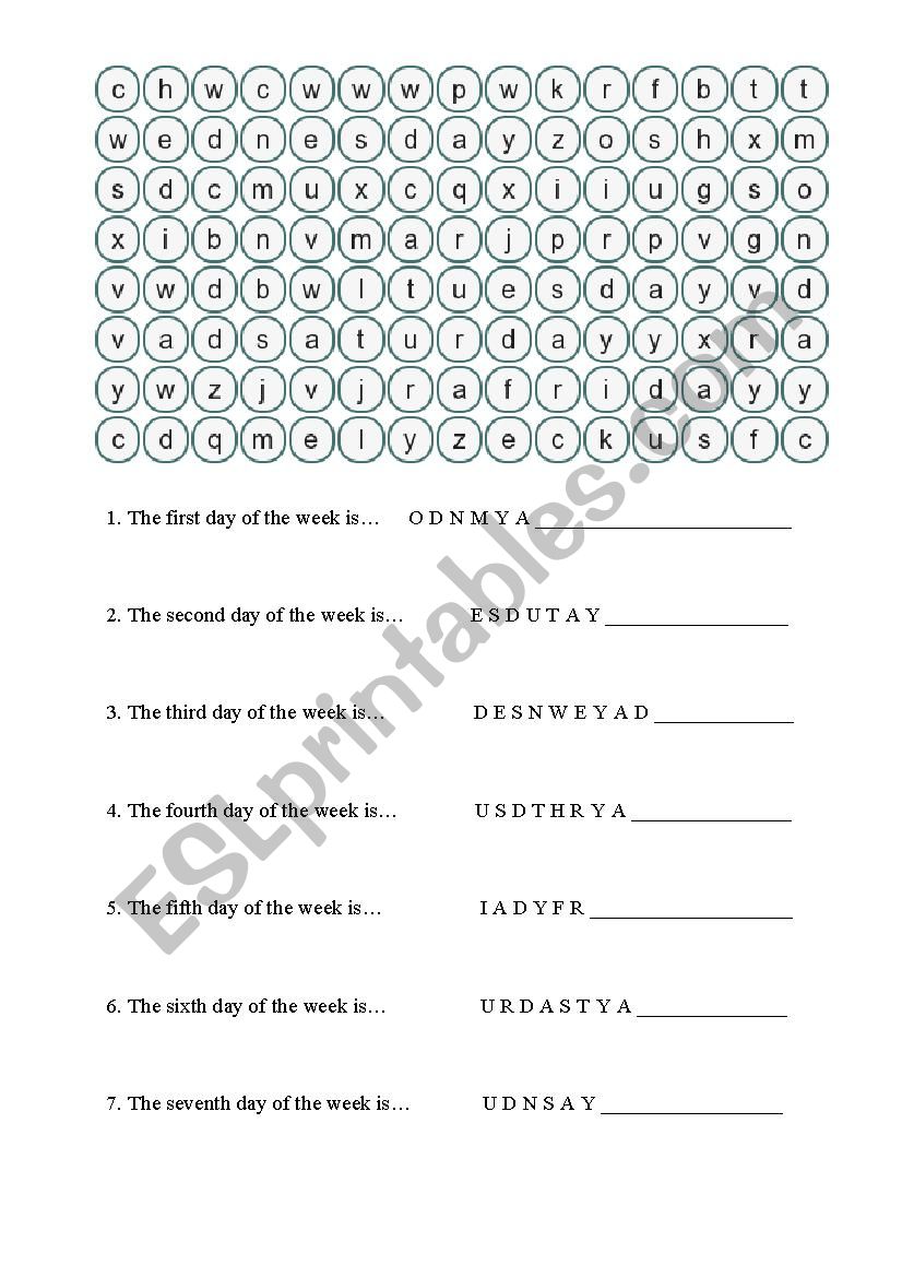 Days of the week - wordsearch worksheet