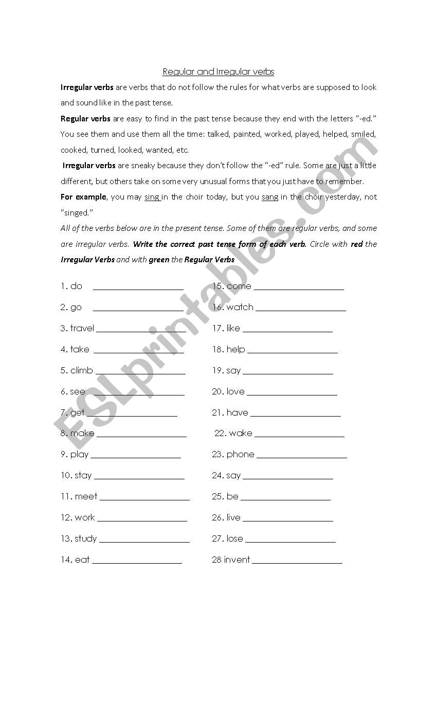 Regular and irregular verbs worksheet