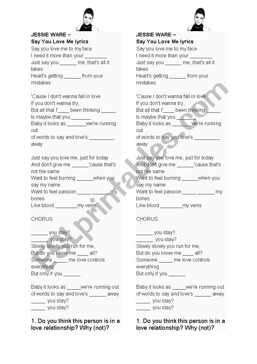 JESSIE WARE  Say You Love Me worksheet