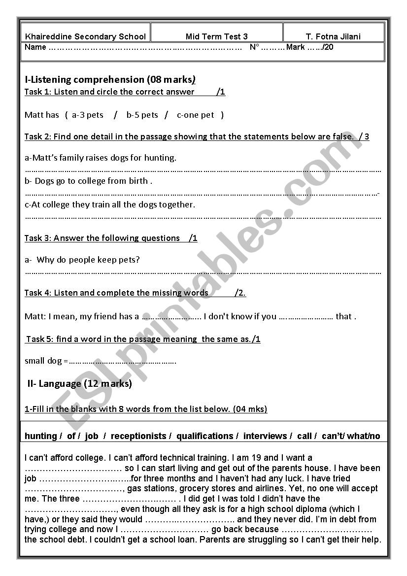 Mid term test worksheet