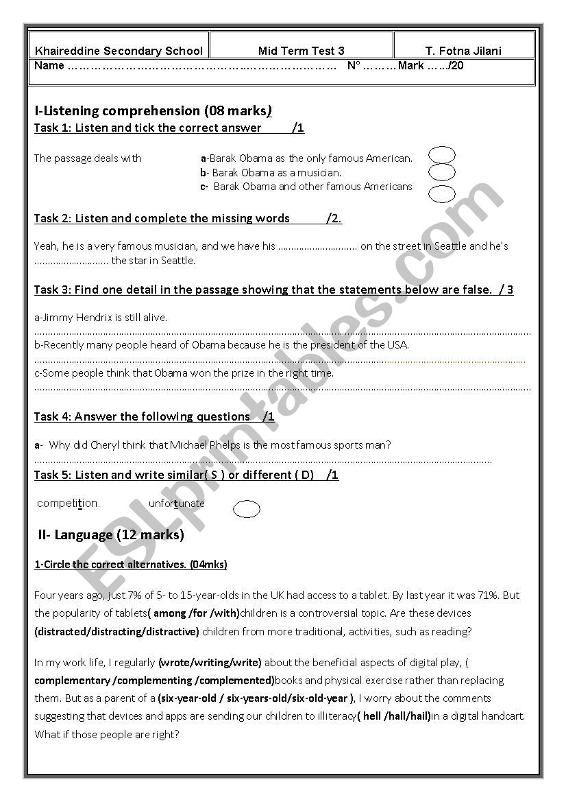 Mid term test 2 worksheet