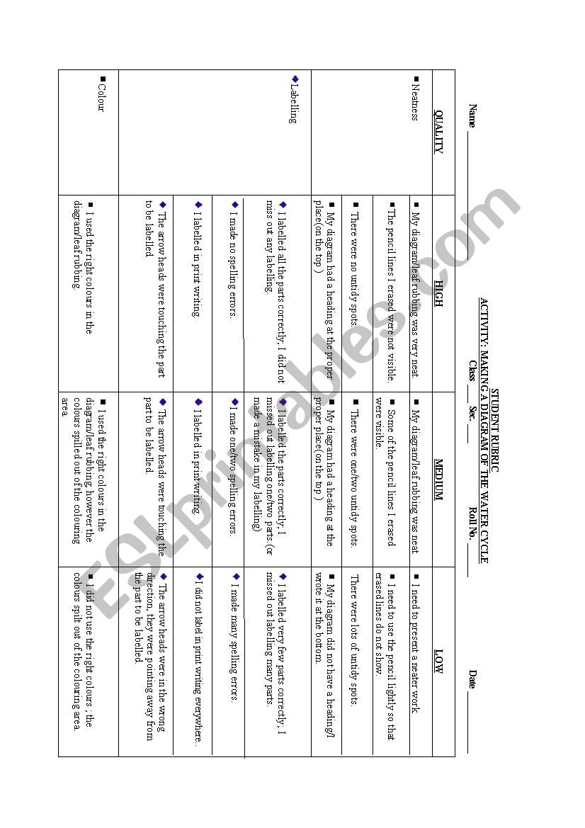 Rubric for assessing diagrams worksheet