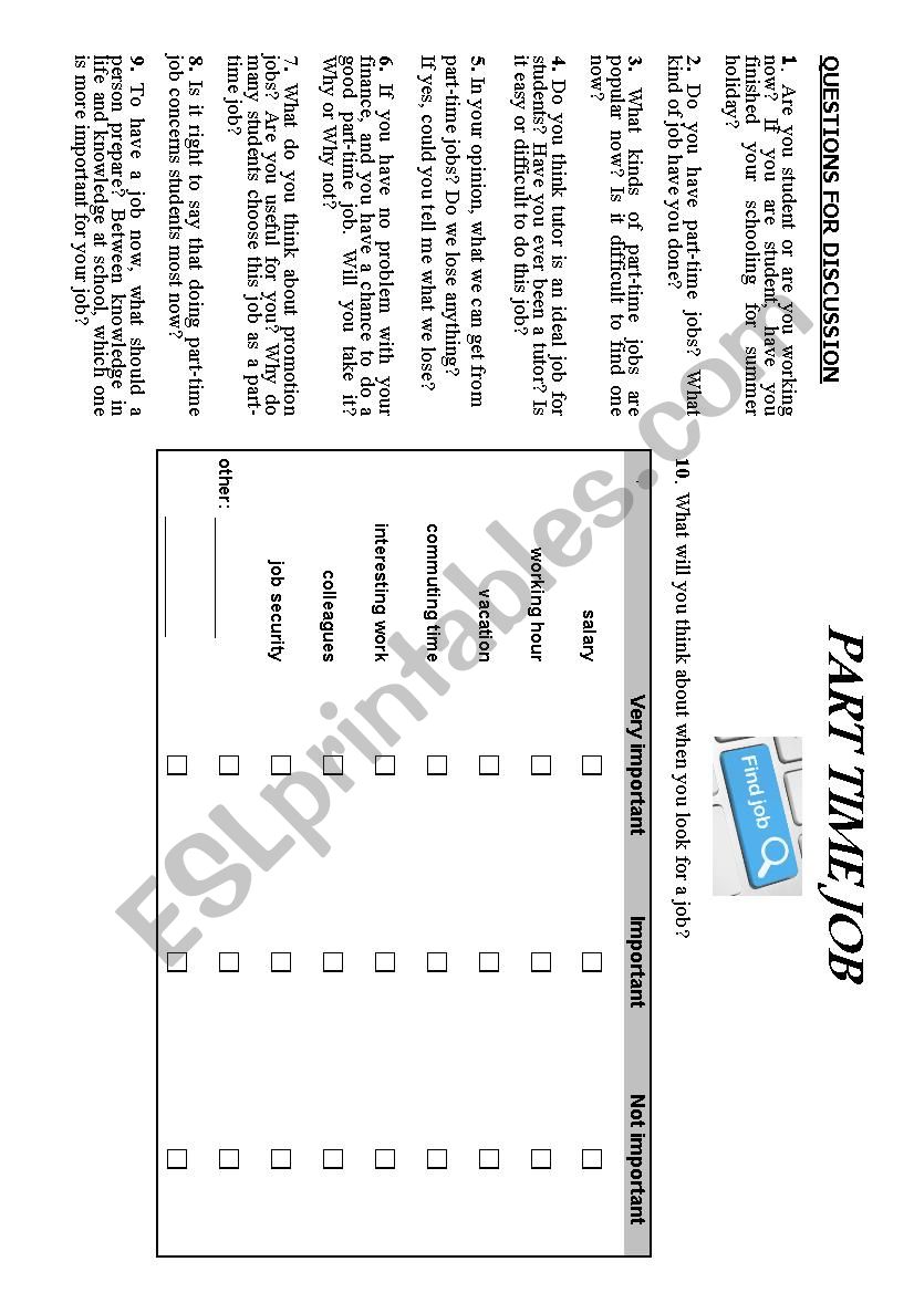 Questions about part-time job worksheet