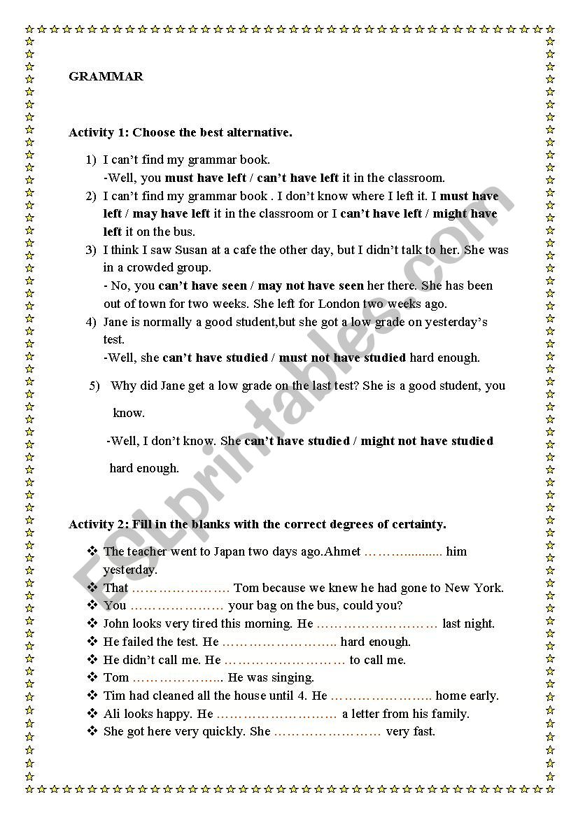 exercises about past modals worksheet