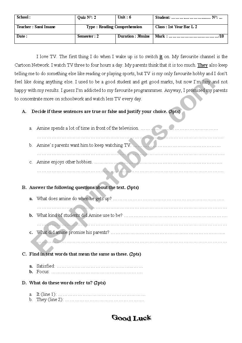 30 minutes quiz worksheet