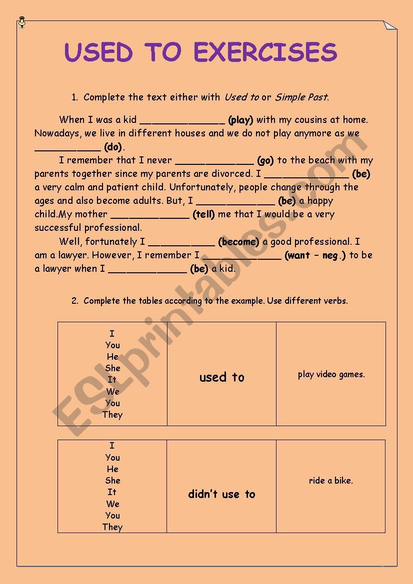 Used To vs. Simple Past worksheet