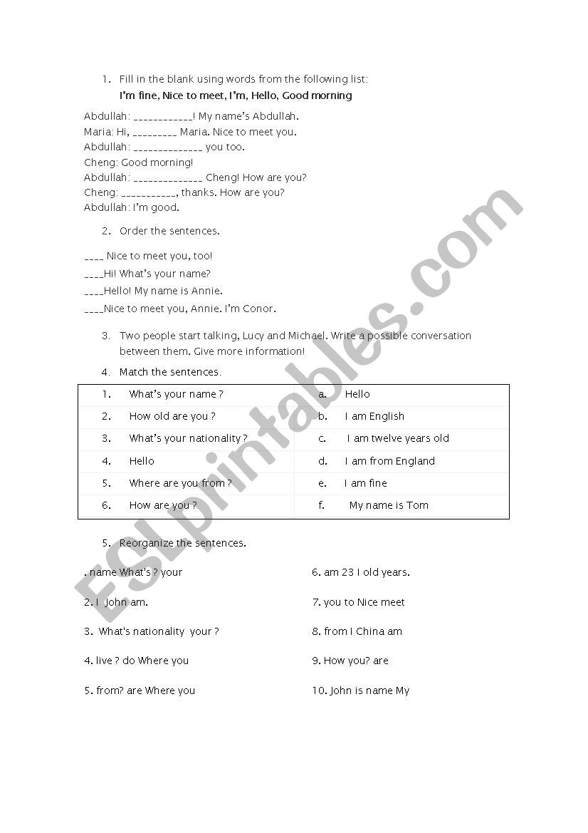 Greetings and meetings worksheet
