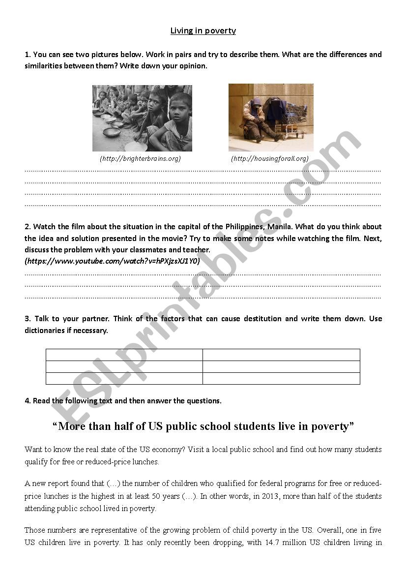 Living in poverty worksheet