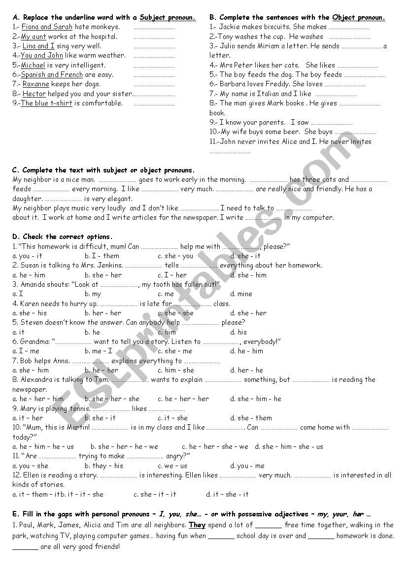 Review about pronouns worksheet