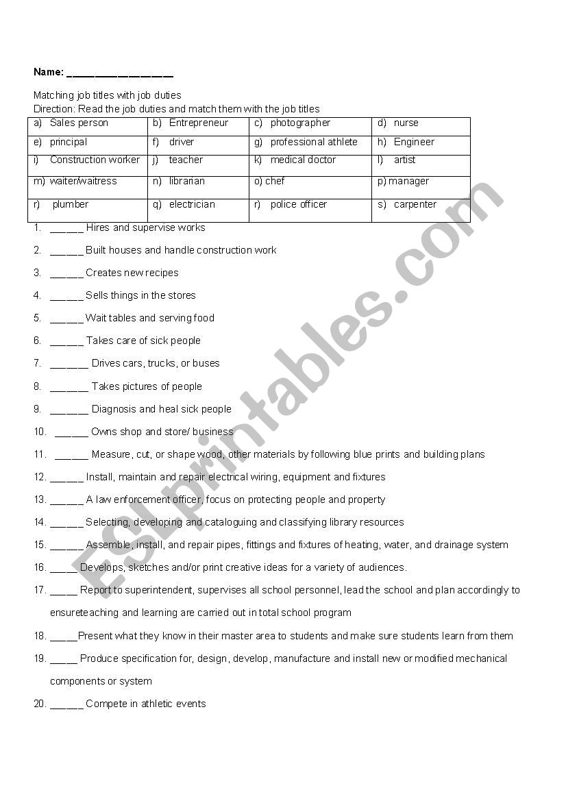 ESL- Matching Job Titles with Job Duties