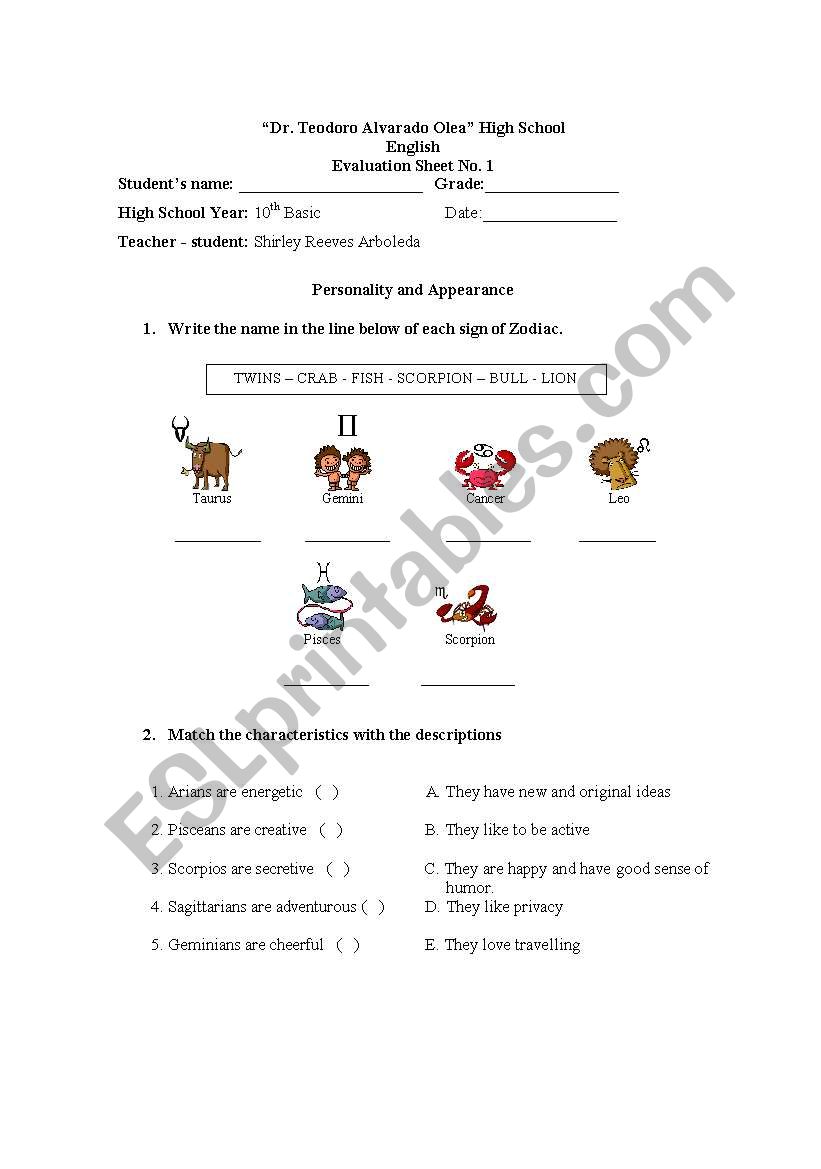 Signs of teh zodiac worksheet