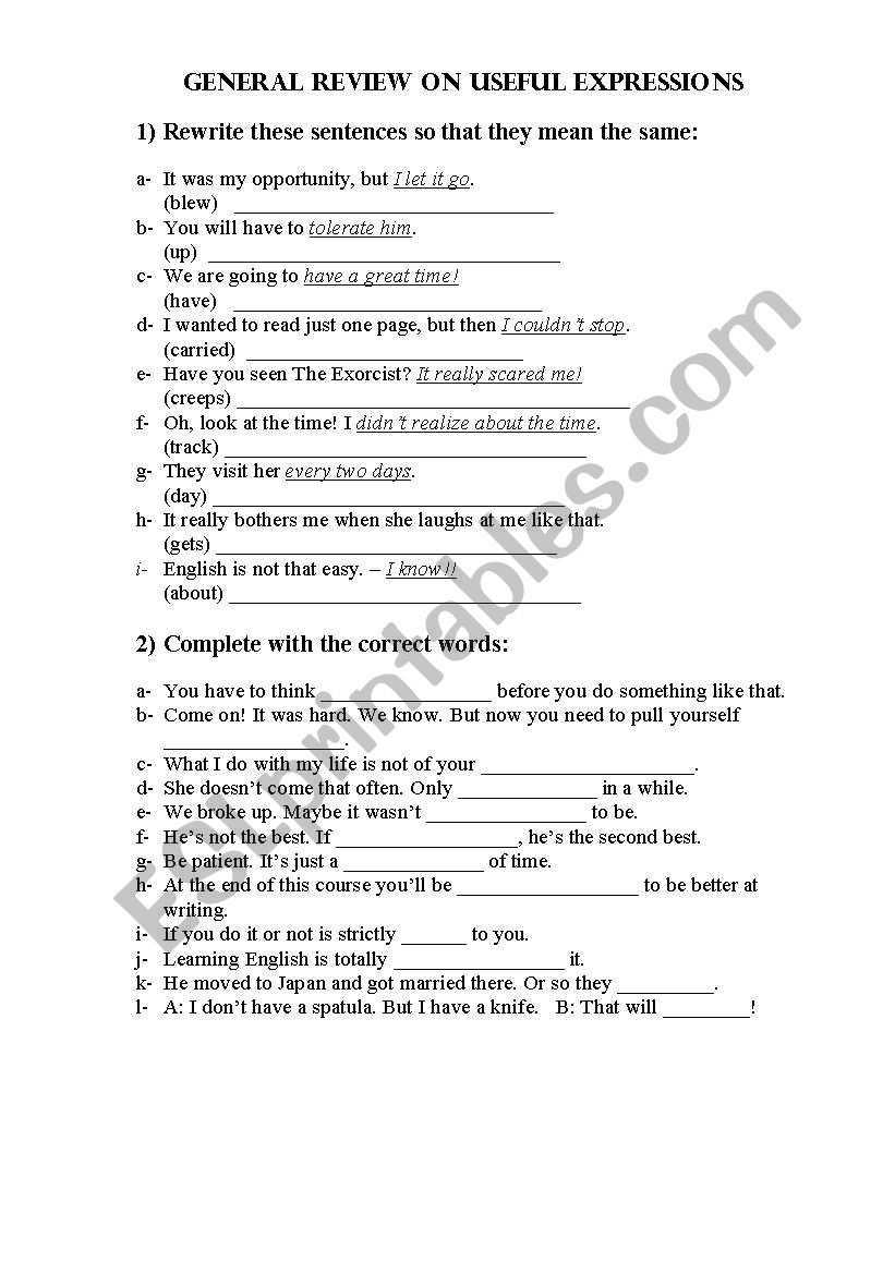 Useful Expressions worksheet