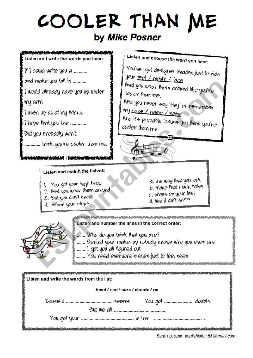 SONG WORKSHEET: Cooler than me - Mike Posner