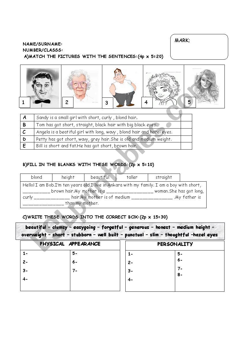 appearance and personality worksheet