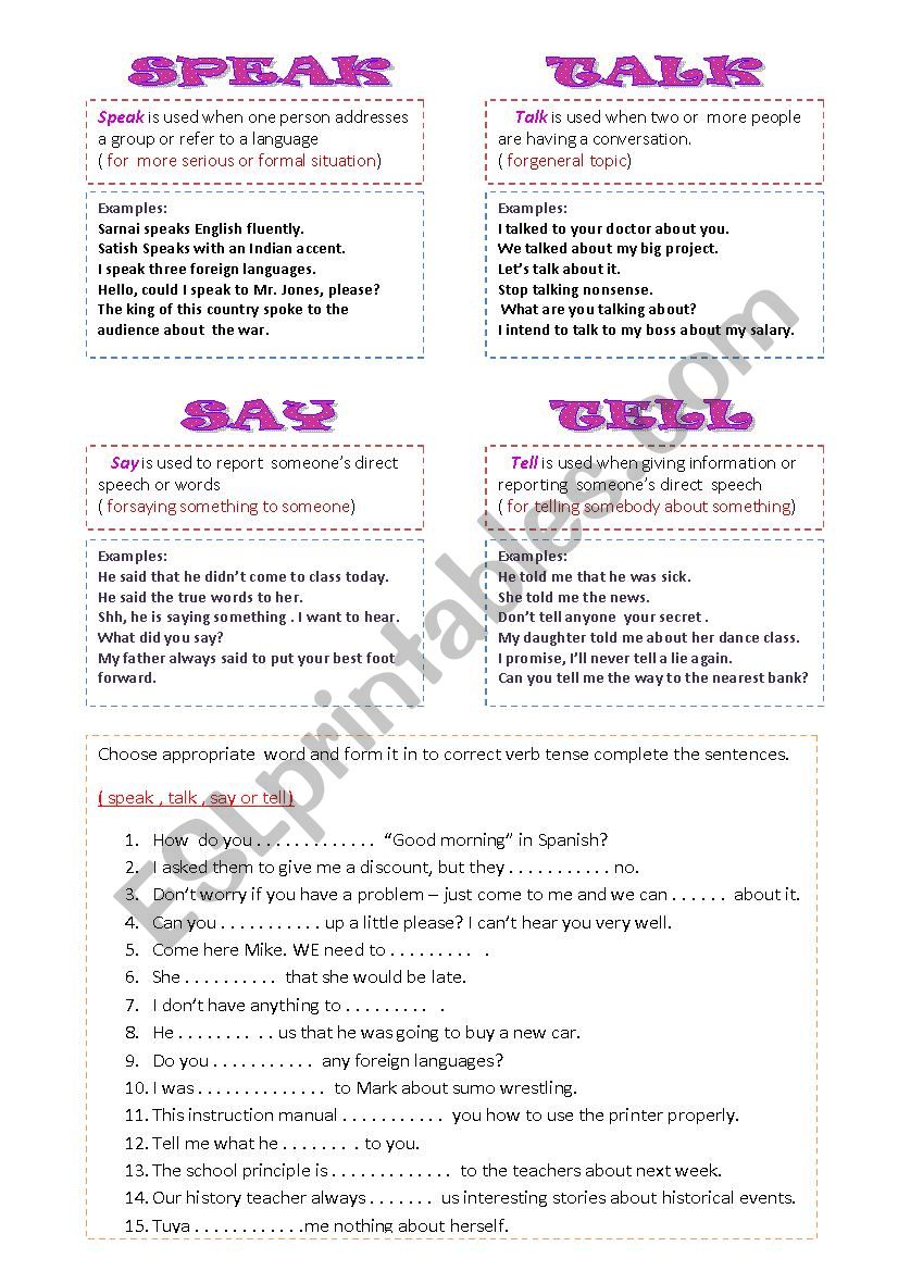 Speak, Talk, Say, Tell worksheet