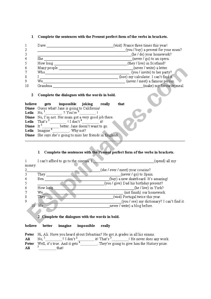 Present perfect, adverbs exercises