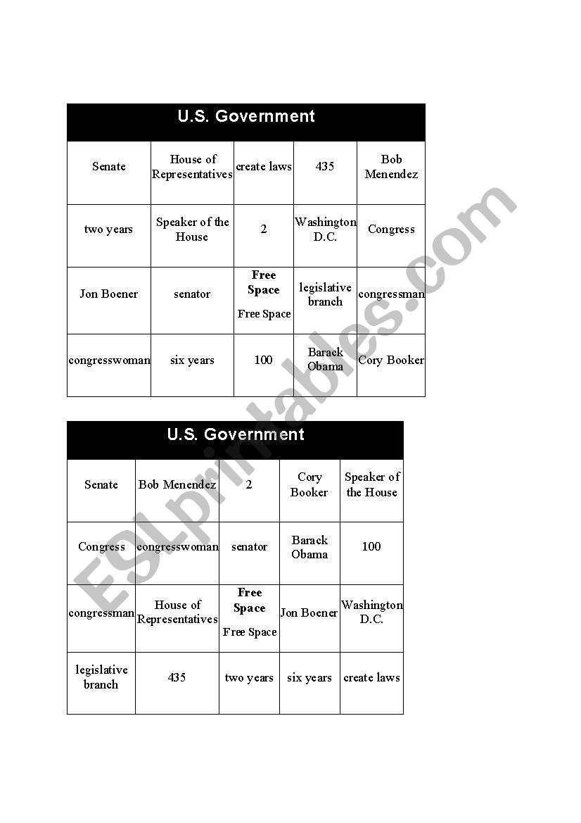 Legislative Branch Bingo worksheet