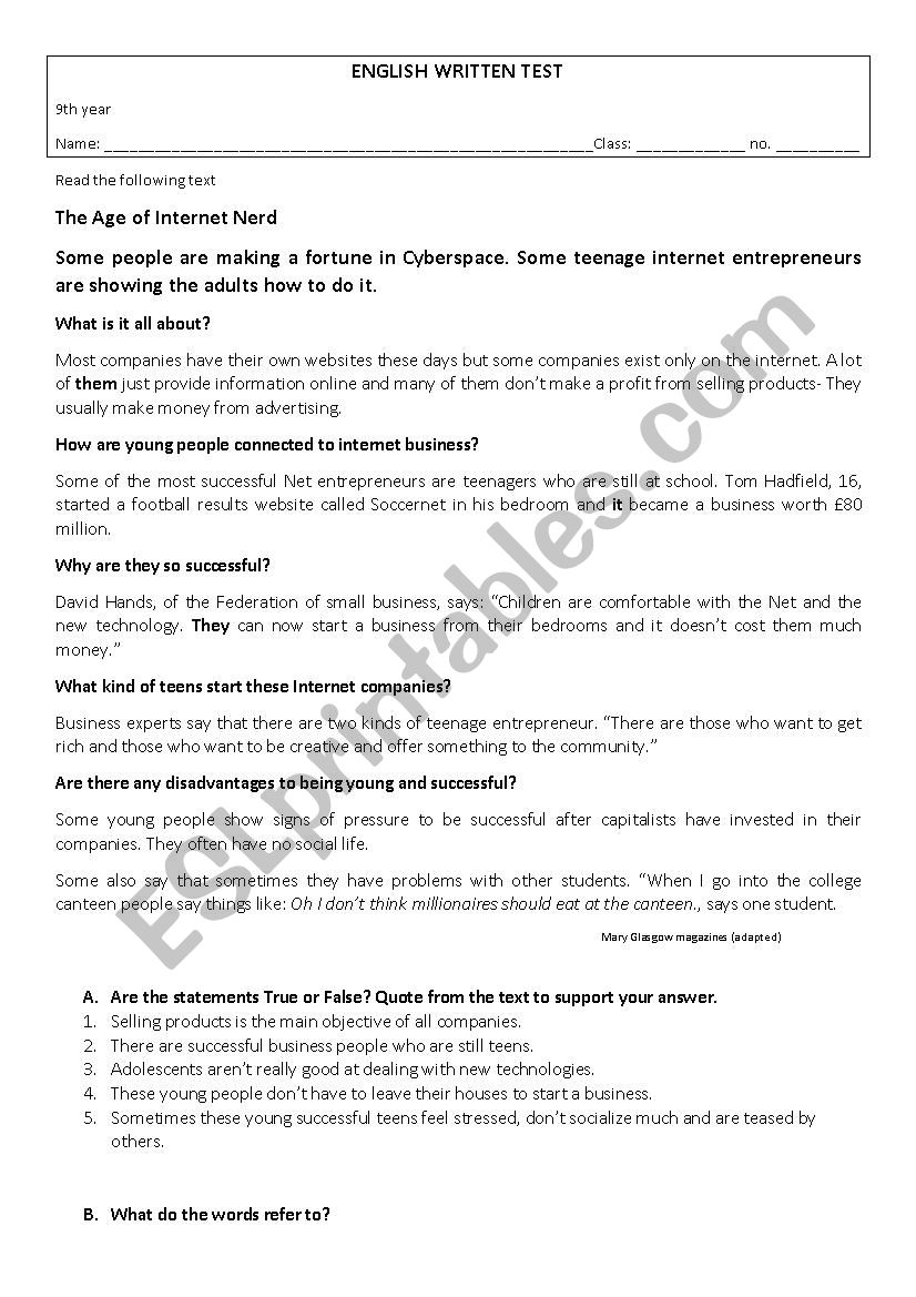 9th year test worksheet