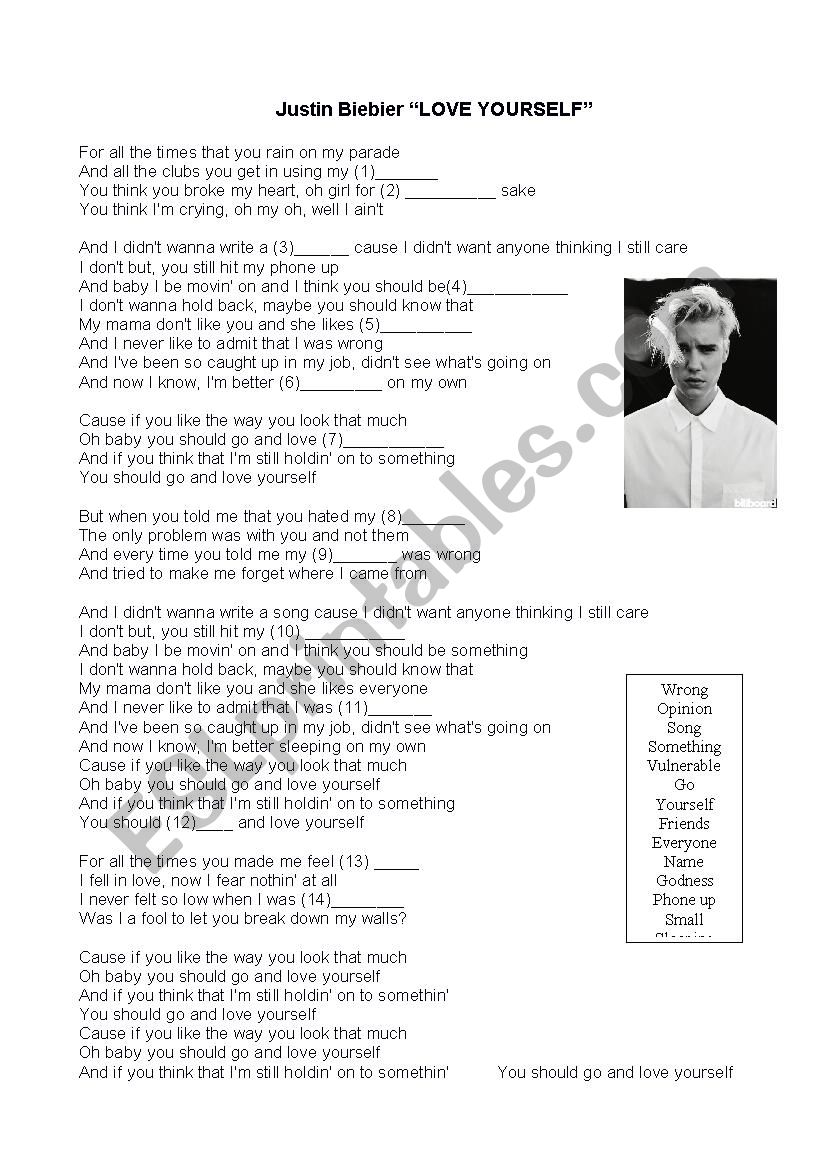 Love yourself (Justin Bieber) worksheet