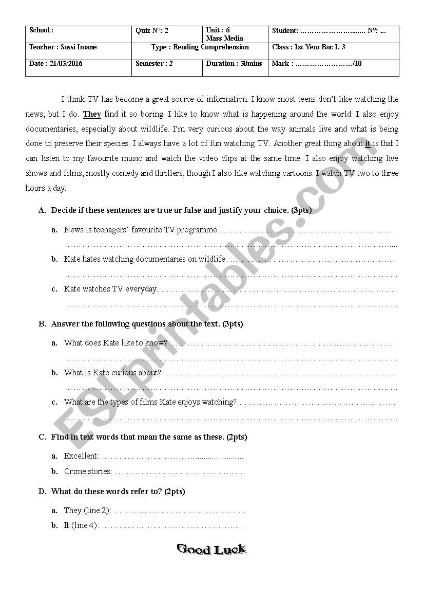 Reading comprehension quiz worksheet