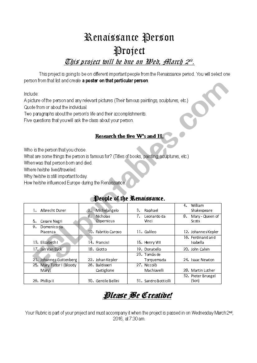 Renaissance project worksheet