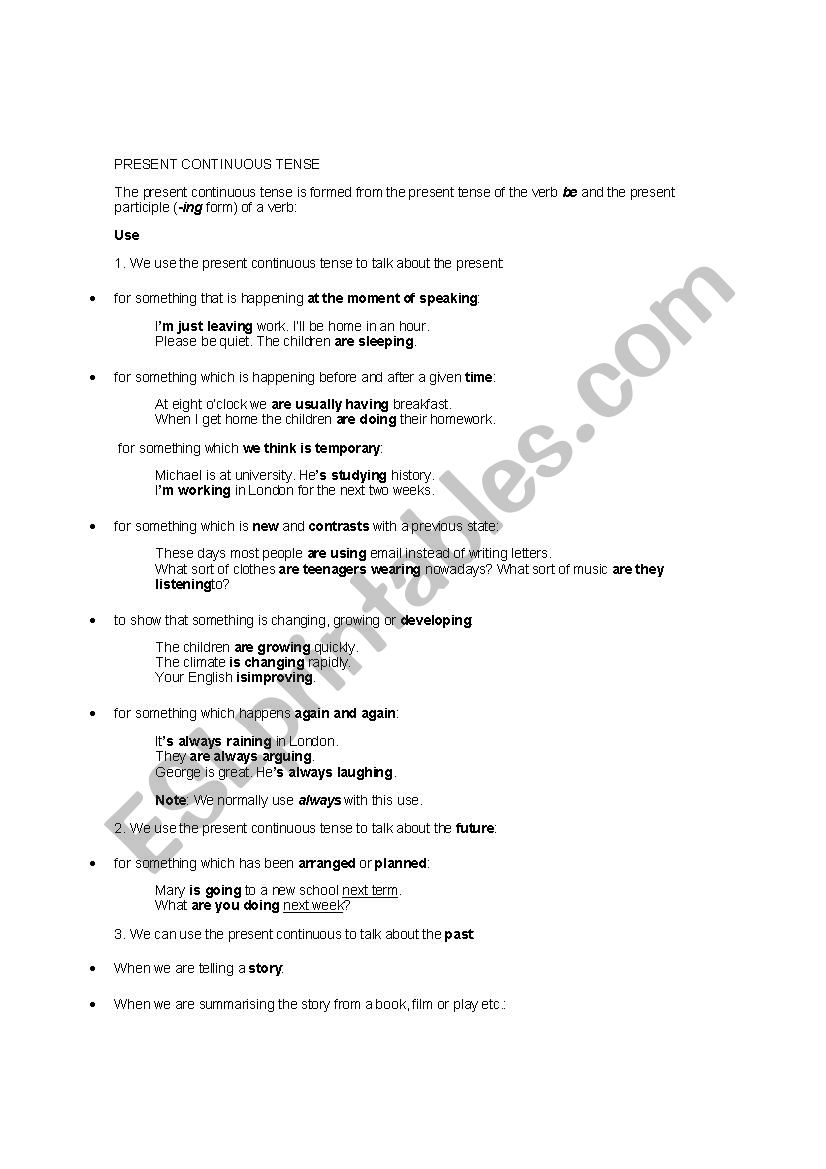 Present continuous theory worksheet