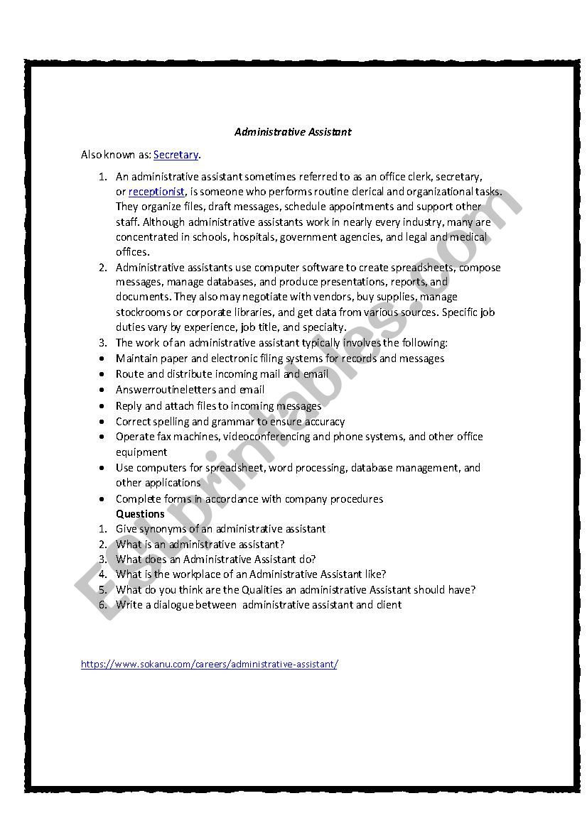 Administrative Assistant  worksheet
