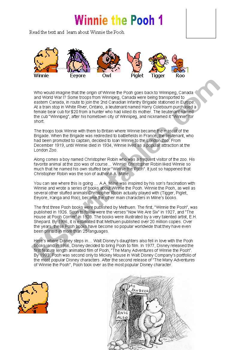 WINNIE THE POOH READING worksheet