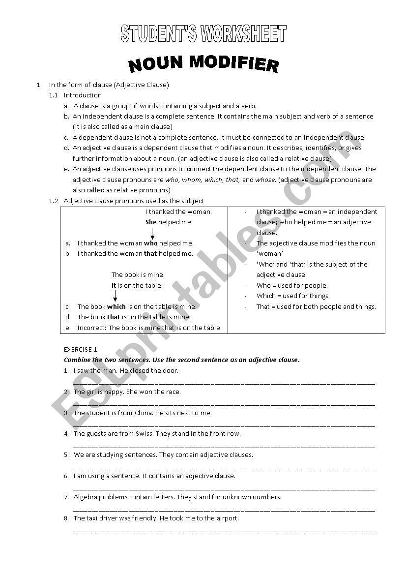 adjective clause worksheet