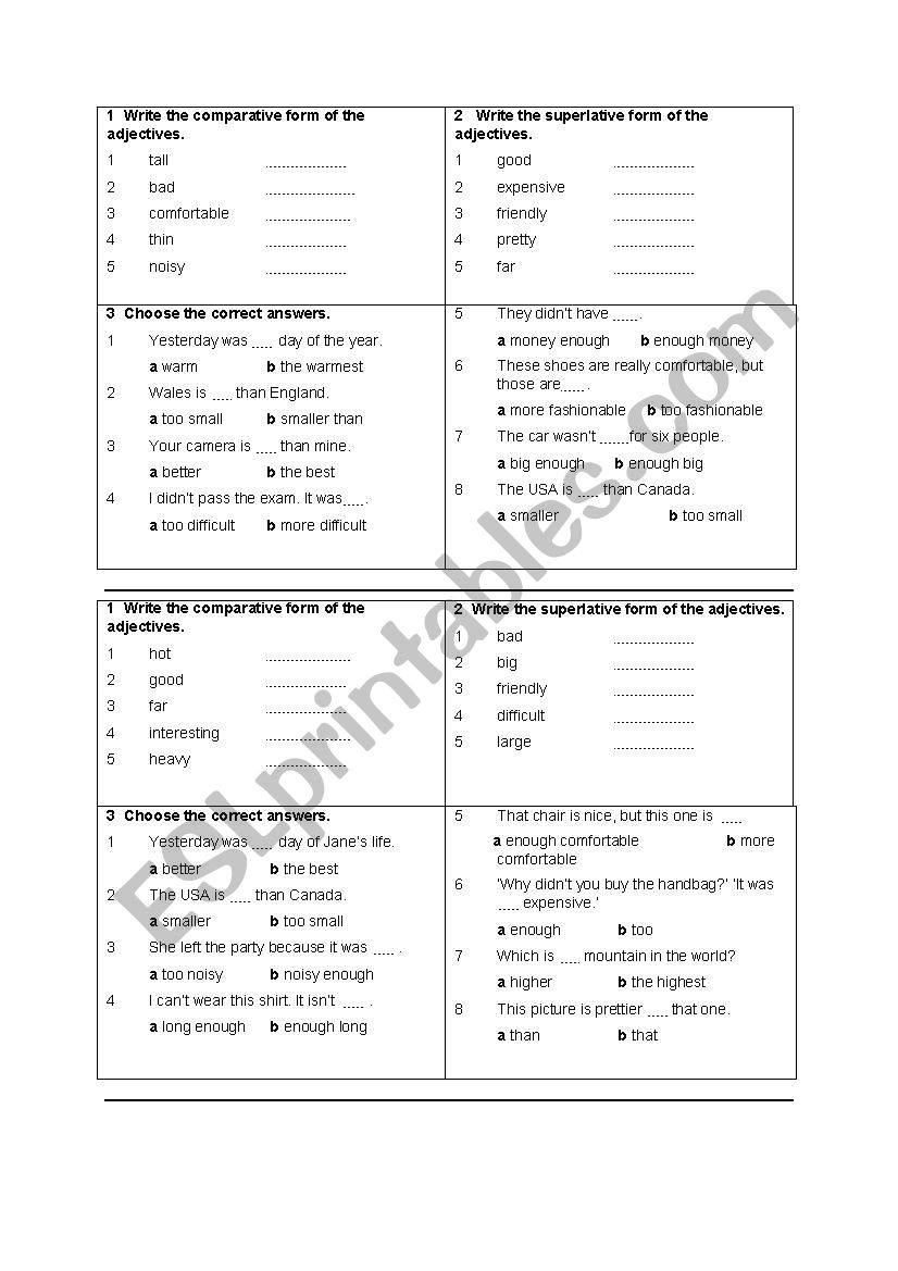 Comparatives and superlatives worksheet