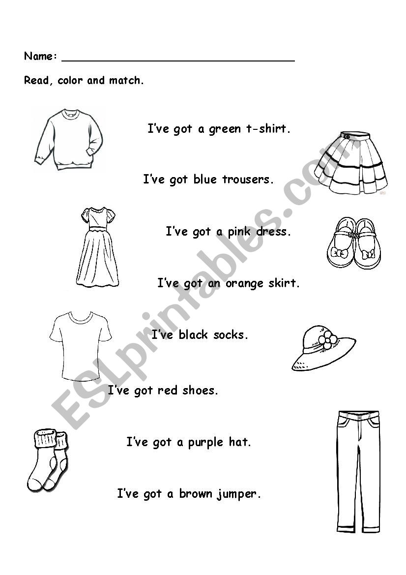 CLOTHES-- Read, color and match. 