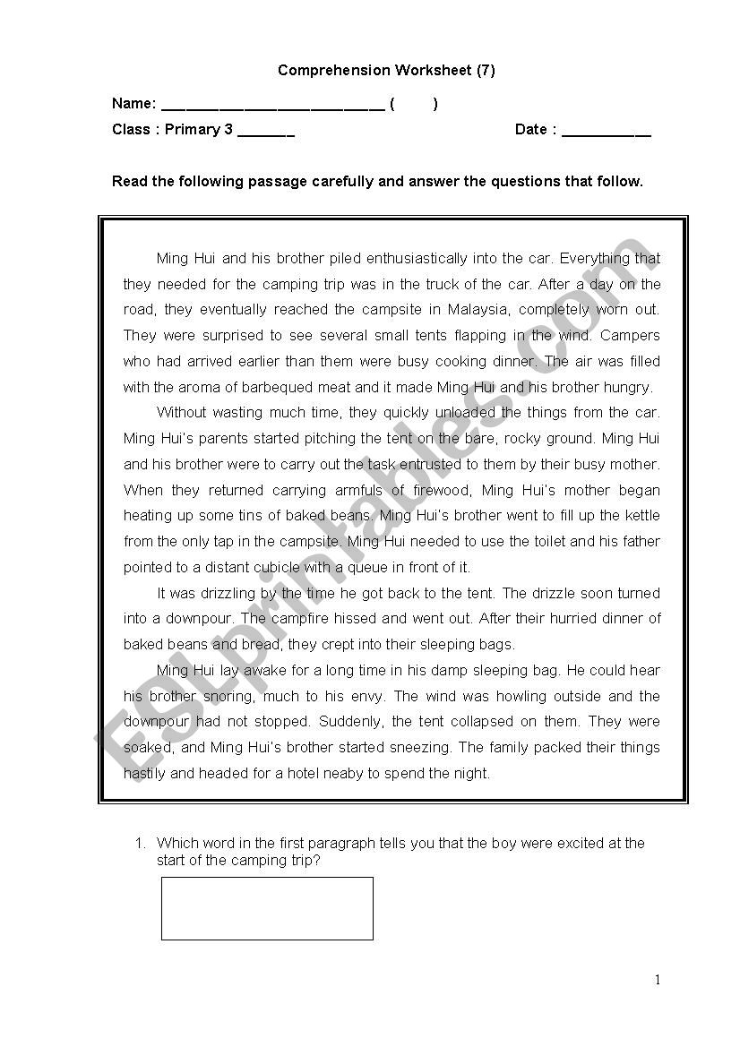 Comprehension Worksheet on camping 