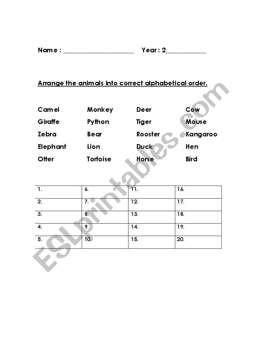 Arrange animals into alphabetical order