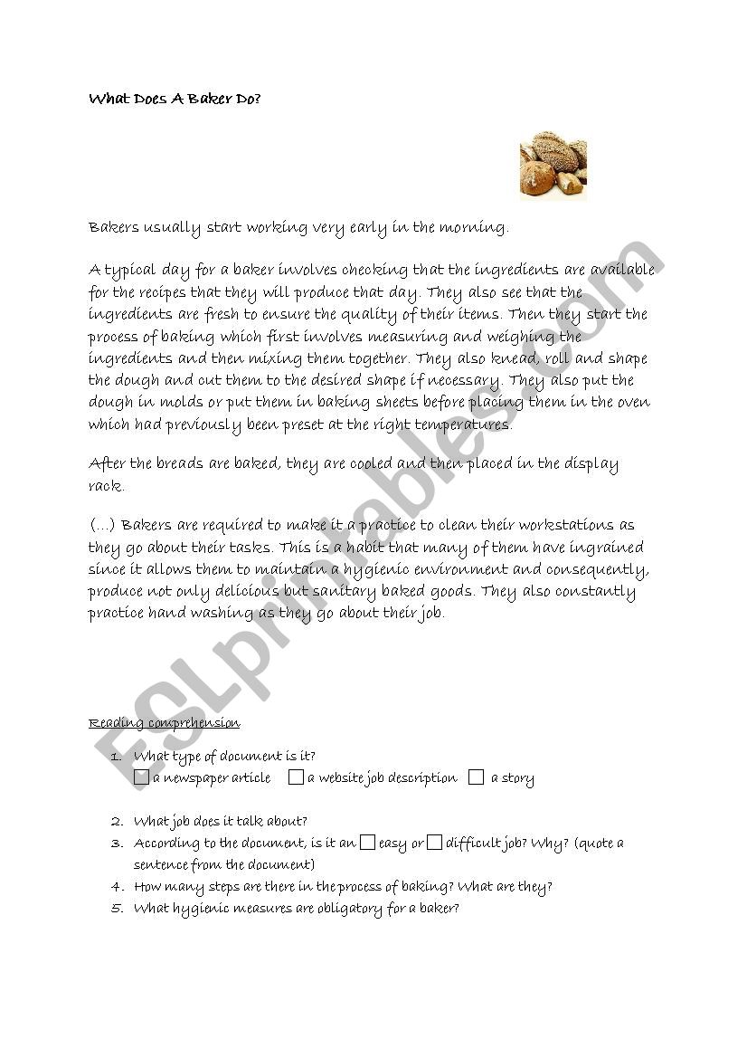 baker job description worksheet
