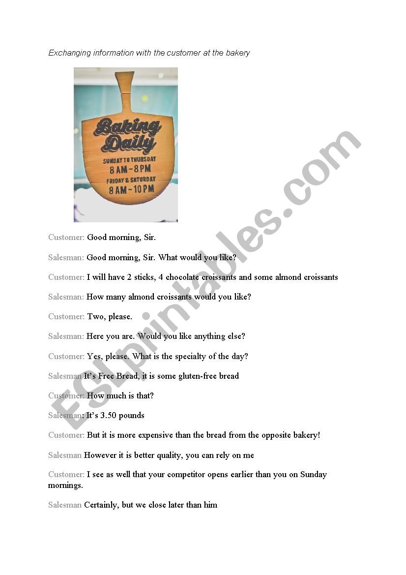 dialogue at the bakery worksheet