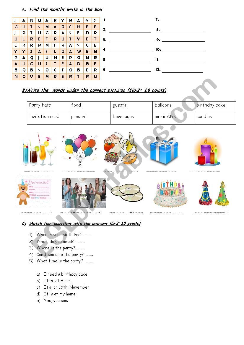 months puzzle and party vocabulary