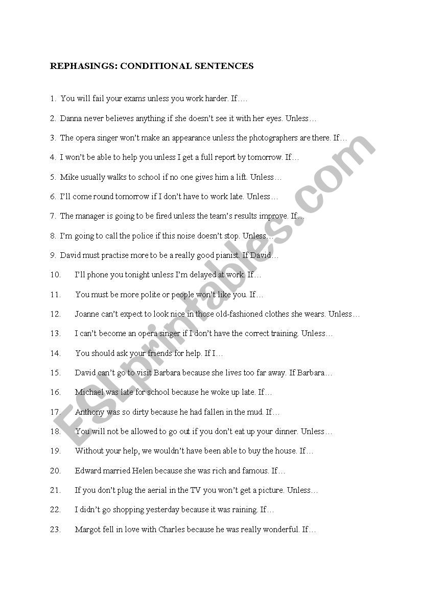 conditional- rephrasing worksheet